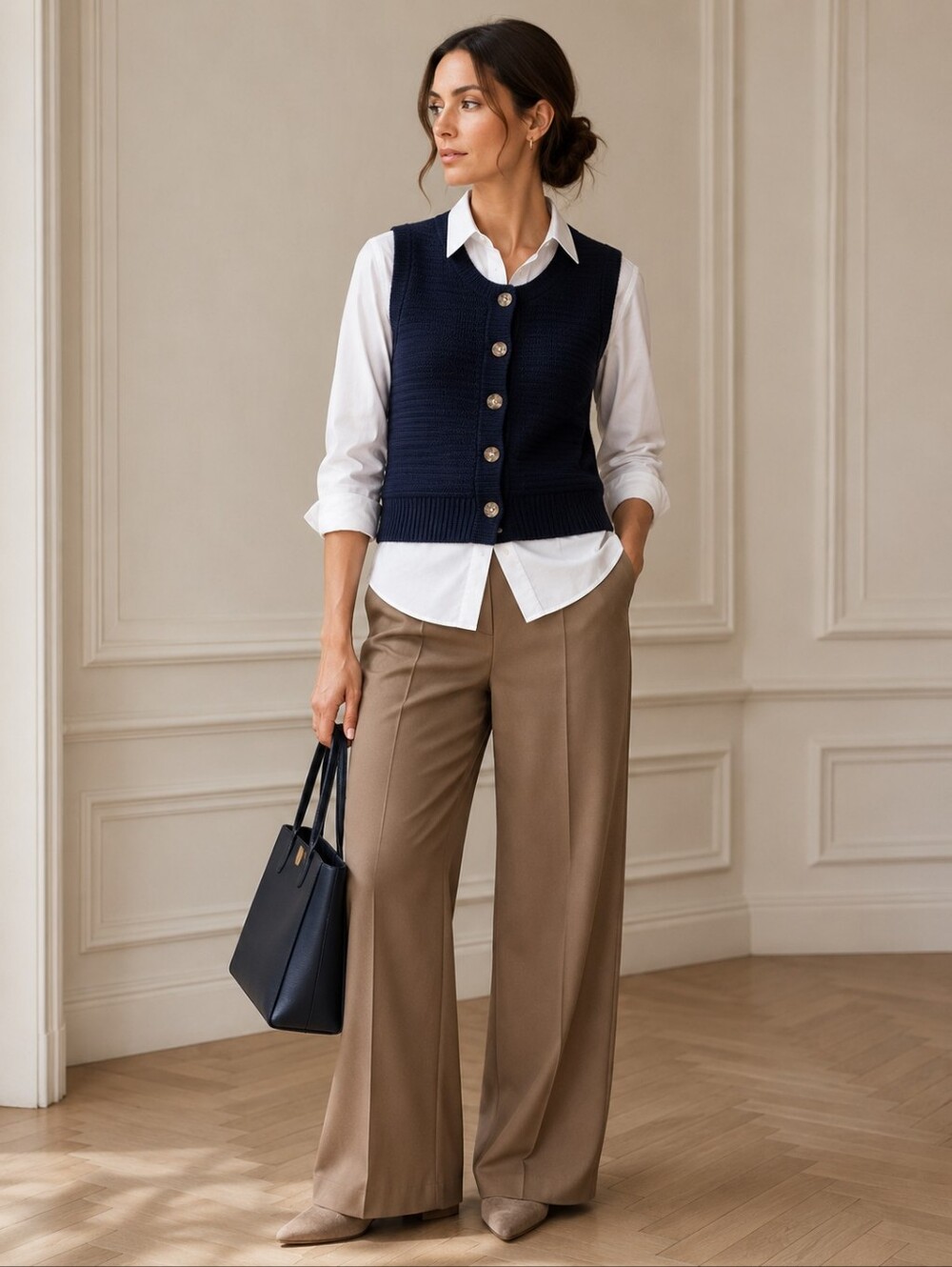 NWT Magaschoni Navy Cotton Knit Button Front Sweater Vest Quiet Luxury S/P